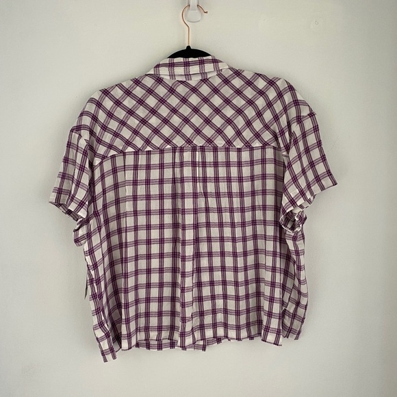 𝅺BP Casual Plaid Crop Boxy Short Sleeve Camp Shirt Large White Purple NWT - Picture 8 of 8